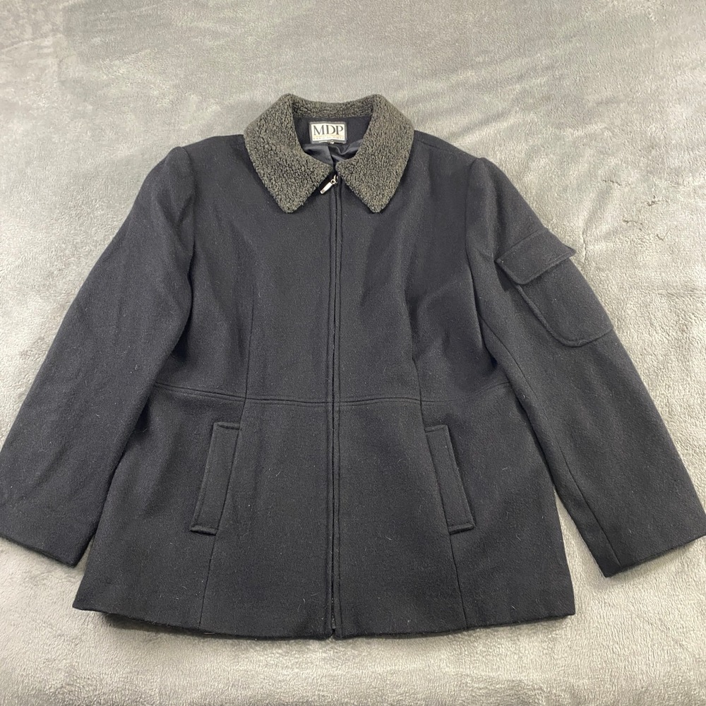 Vintage MDP MARIO DE PINTO Black Wool Blend Jacket Faux Fur Collar Zip Front USA